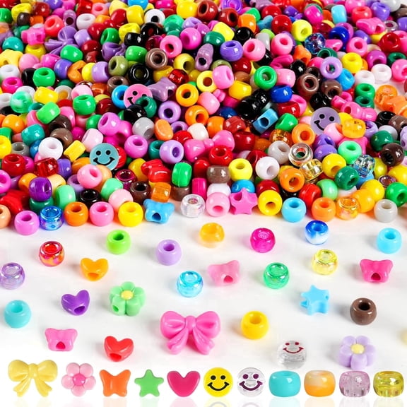 1000Pcs Pony Beads for Bracelets, Colourful Plastic Pony Beads Bulk, 6×9mm Friendship Shape Bead for Jewelry Making Heart Bow Tie Star for DIY Hair Braiding Keychains Necklaces Crafts Party Supplies