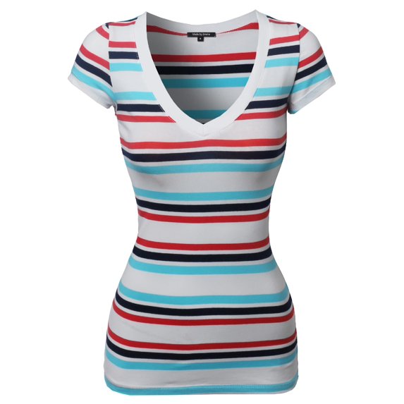 FashionOutfit Women's Wide V-neck Stripe Short Sleeve Tee Shorts