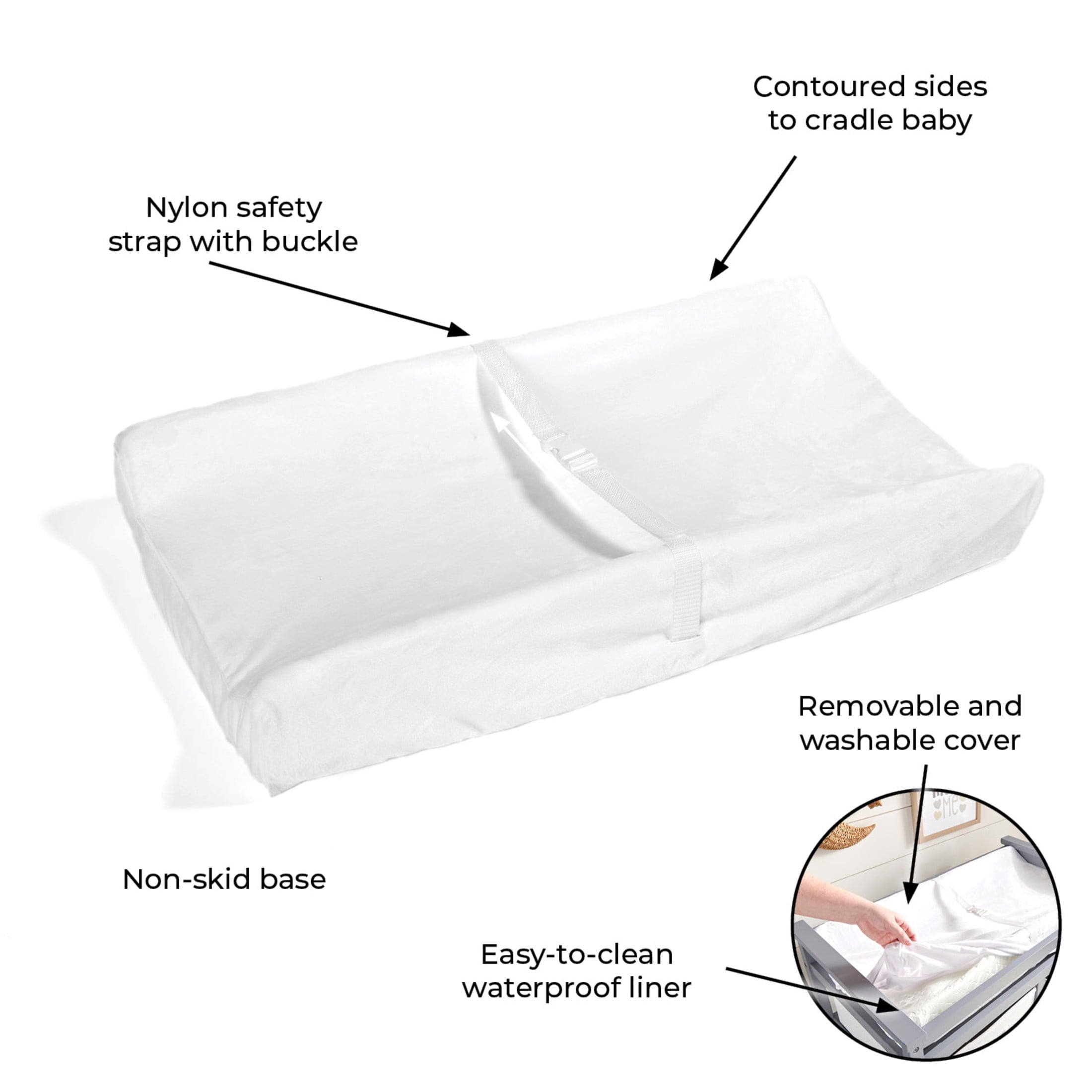 Badger Basket Badger Basket Contoured Foam Diaper Changing Pad with Removable Cover for Babies, White