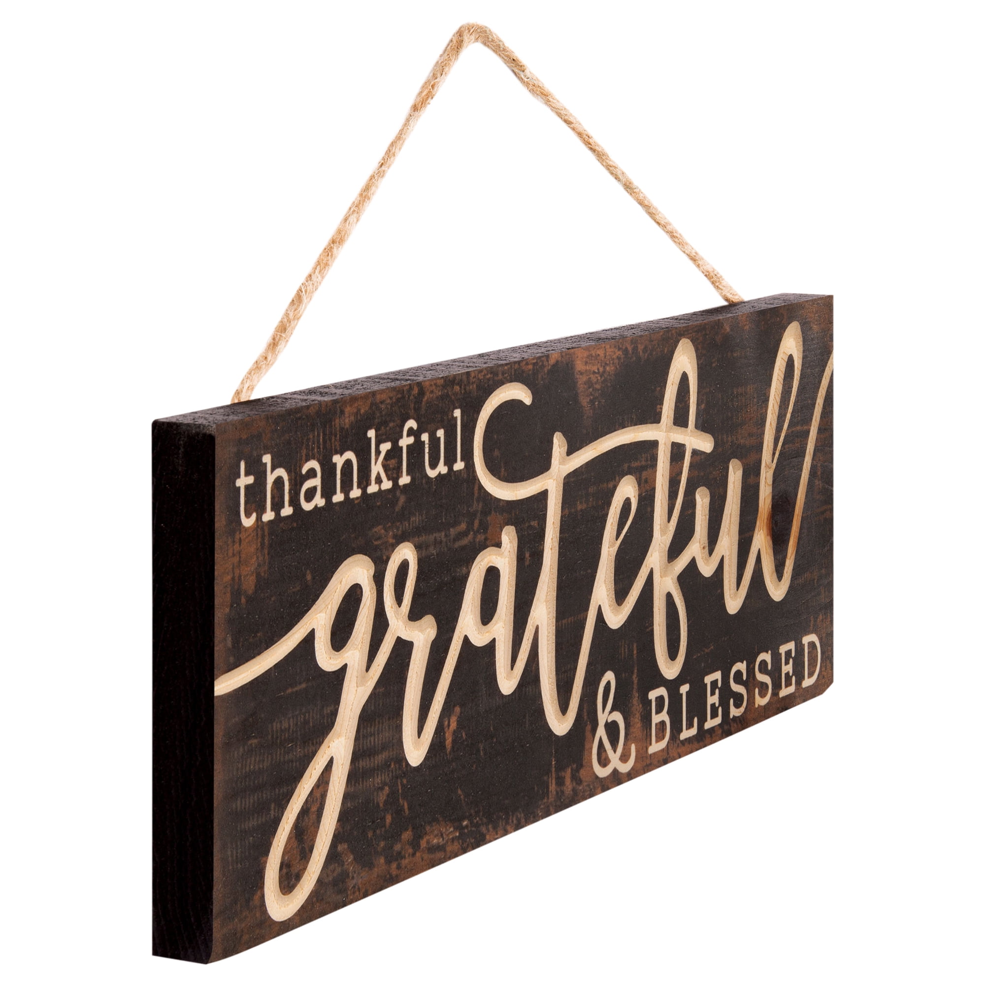 Thankful Grateful Blessed Weathered Brown 16x6" Pine Wood Carved Hanging Sign 