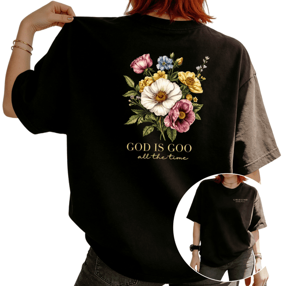 UNISHE Women God Is Good All The Time Floral Christian Graphic Short Sleeve T-Shirt Fun Cotton Crewneck Top