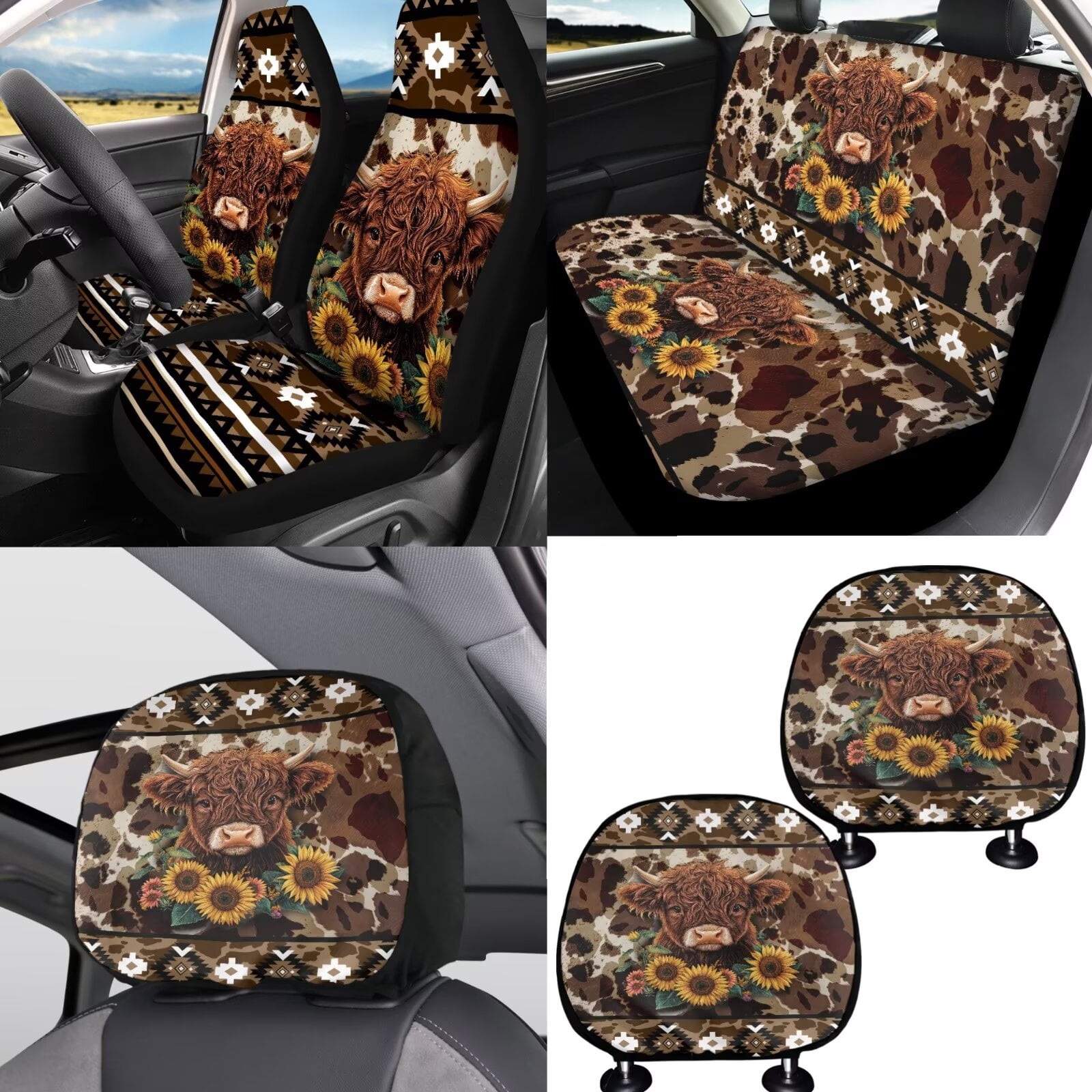 FKELYI American Tribal Sunflower Highland Cow Print 16 Pcs Auto Interior Set Car Seat Covers with Steering Cover Seat Belt Pads Armrest Pad Coasters Headrest Handbrake Covers Gear Shift Knob Sleeve