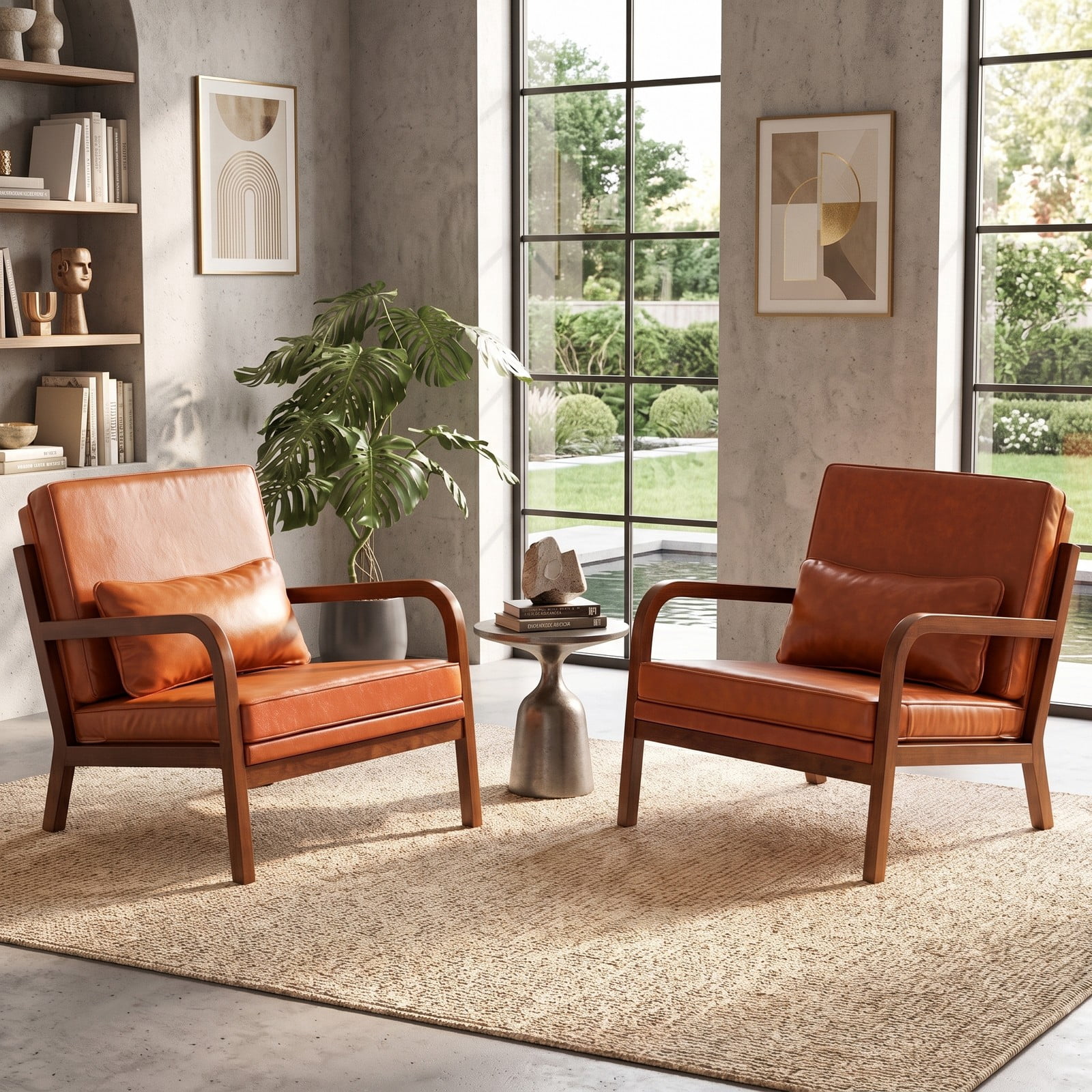 Furnibear Modern Accent Chair, Faux Leather Linen Fabric Upholstered Armchair with Removable Lumbar Pillow, Rubber Wood Frame Single Sofa Chair for Living Room, Brown