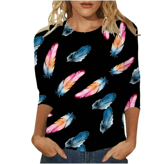 Zylarhe Womens T Shirts Women's Fashion Feather Print Casual T-Shirt Soft Comfortable Round Neck Loose Fit Sporty Tee for Everyday Wear