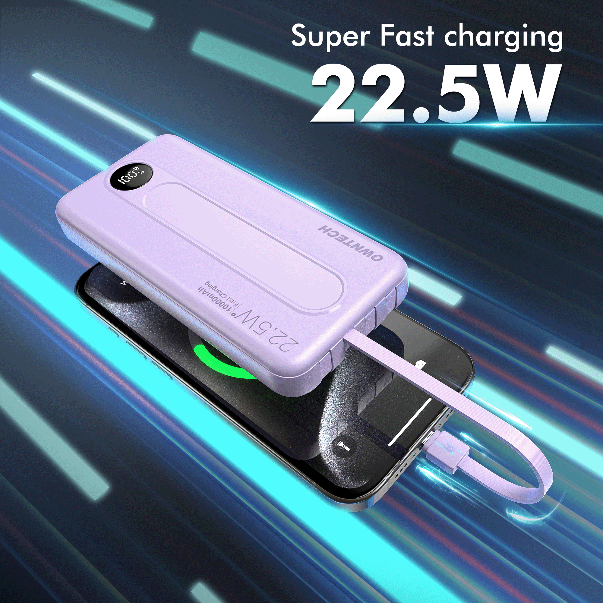 OWNTECH 10000mAh Power Bank, Built-in Cables, 22.5W, Purple photo 3