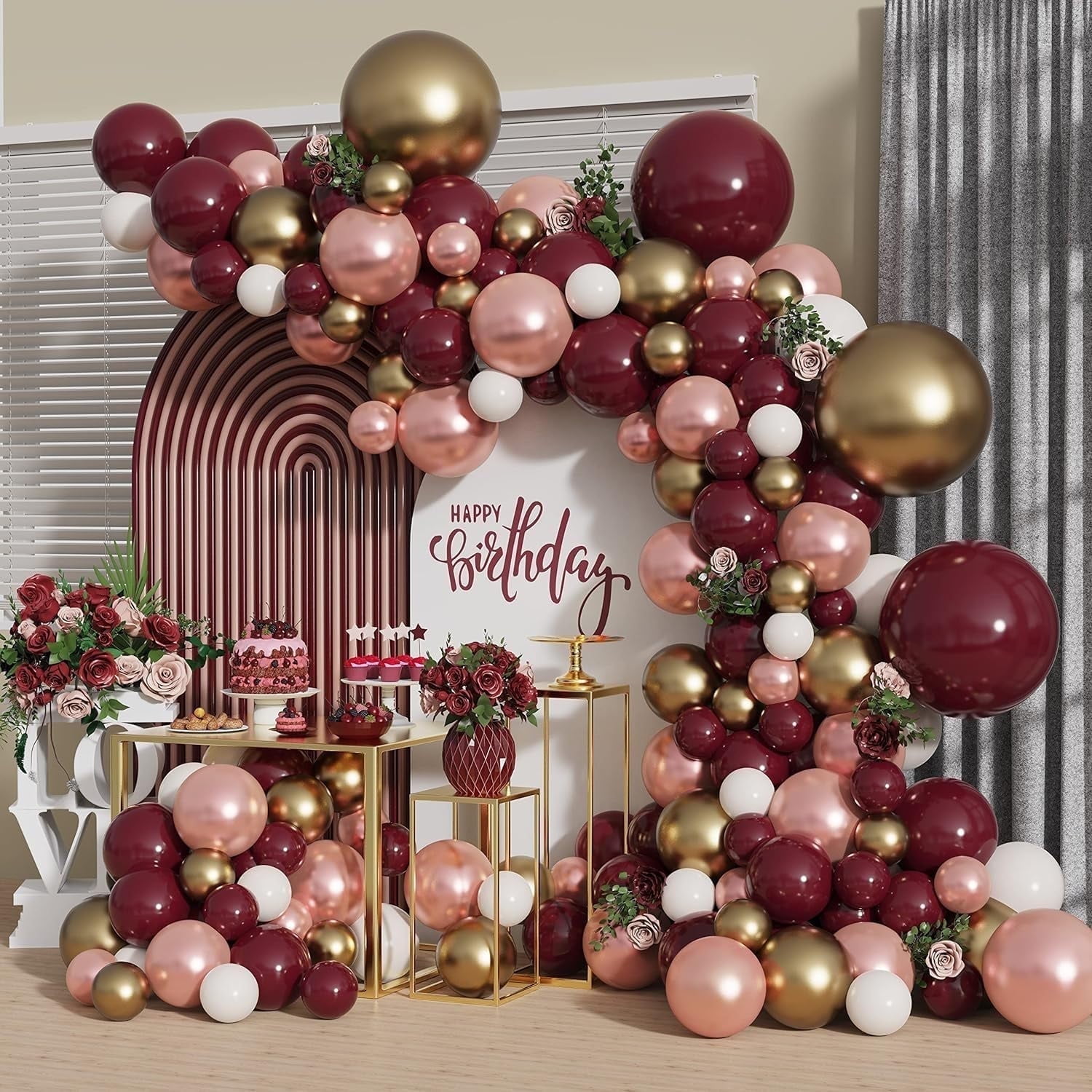 WODJR 135 Pcs Burgundy Balloon Garland Arch Kit Burgundy Balloons Wine Red White Gold Balloons White Rose Gold Balloons Latex Balloon for Valentines Day Party Decorations Wedding Birthday Anniversary