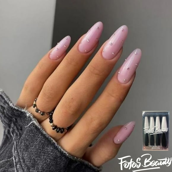Fofosbeauty 24 pcs Almond Fake Nails Tips, Medium Press on French Nails, Almond Pink Pearl Shape