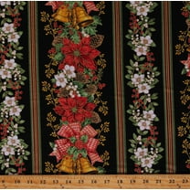 Cotton Poinsettia Holly Ivy Plants Flowers Christmas Winter Holidays Striped Black Cotton Fabric Print by the Yard (HOLIDAY-CM2051-BLACK)