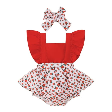 

FOCUSNORM 2Pcs Infant Baby Girls Romper Dress Ruffles Fly Sleeve Strawberry Print Backless Jumpsuit Headband Set