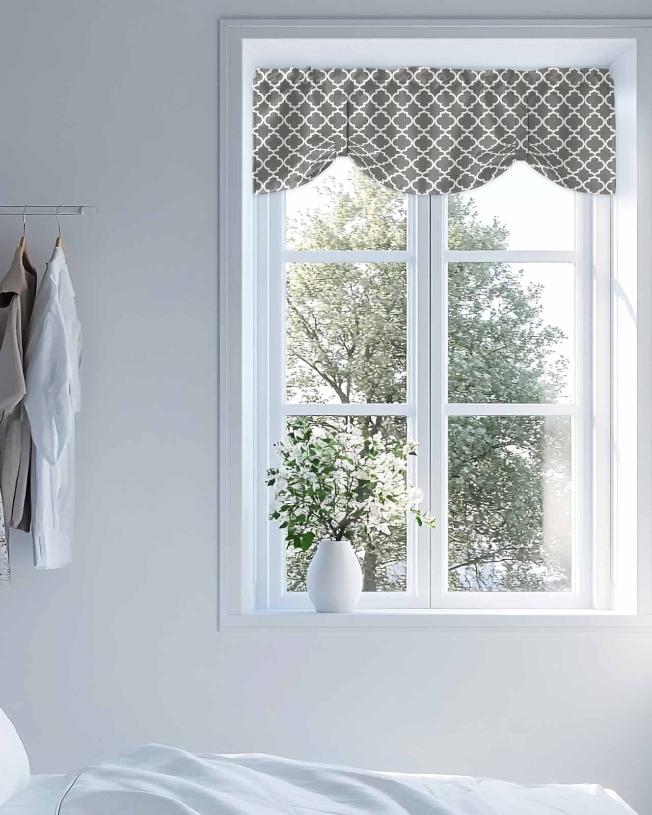 Moroccan Tie Up Valances Curtain, Adjustable Kitchen Grey Geometric Valances for Windows Decor, Rod Pocket Short Curtains Set for Bedroom/Bathroom, 54"x18"