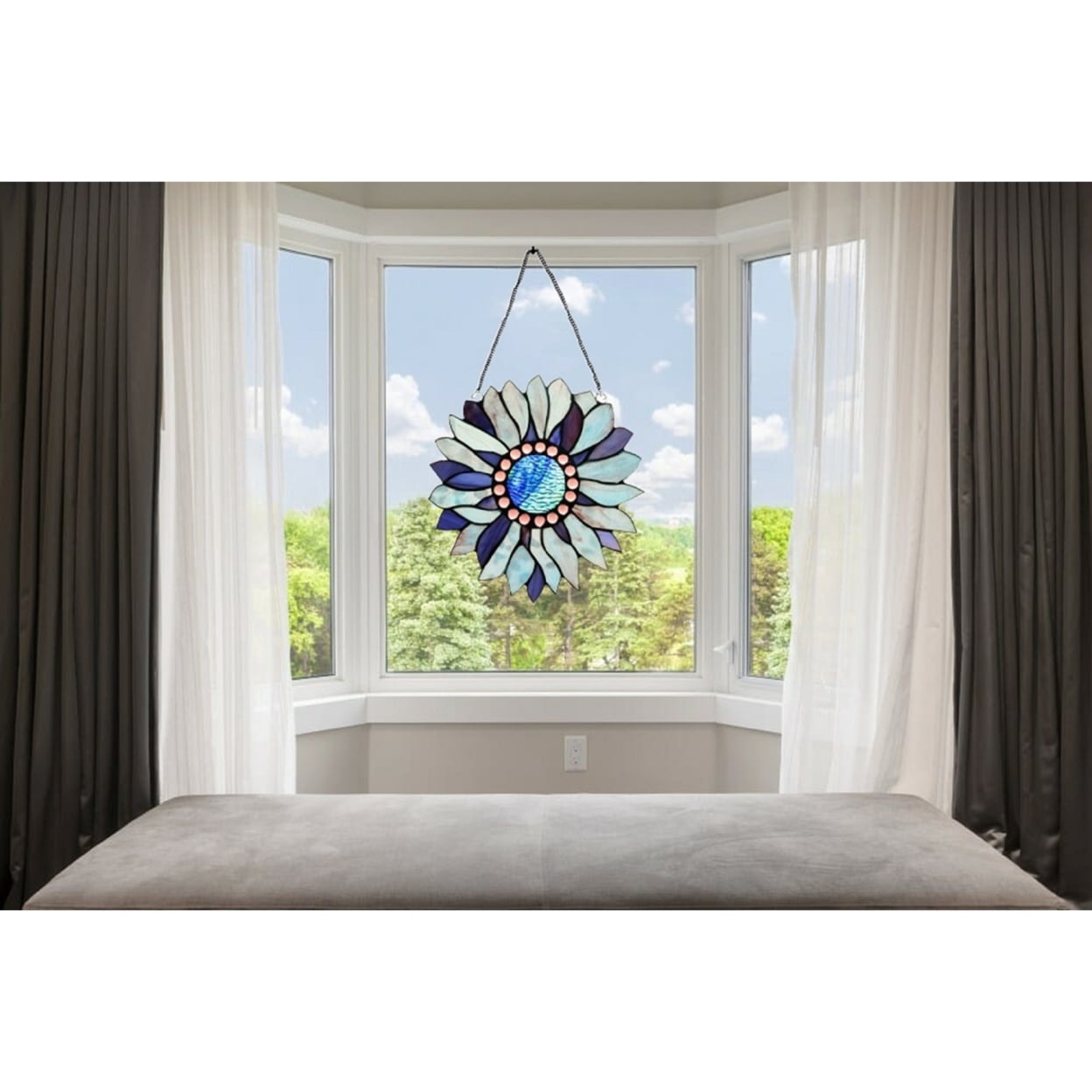 CHLOE Lighting SUNDANCE Tiffany-style Floral Stained Glass Window Panel 11" Height, Blue