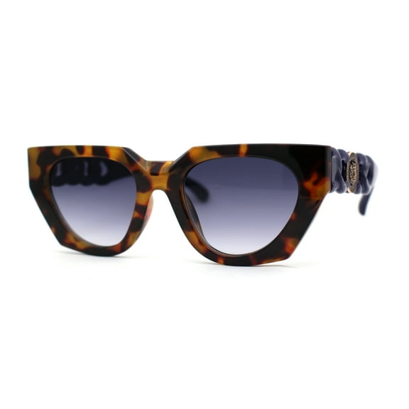 Thick Chain Arm Squared Thick Plastic Cat Eye Plastic Sunglasses Tortoise Blue Smoke
