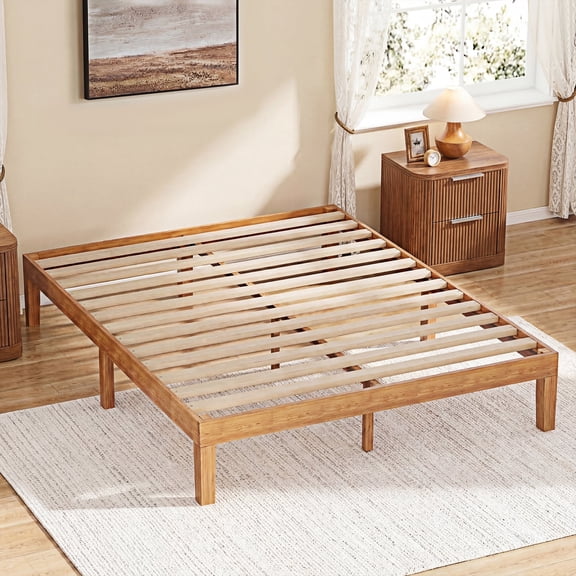 ZUNMOS 12 IN Queen Size Solid Wood  Bed Frame with Wood Slat Support,  Sturdy,  No Box Spring Needed,  Natural Pine