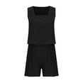 thumbnail image 2 of Dazajoo Womens Summer 2 Piece Outfits Vacation Casual Trendy Shorts Matching Square Neck Sleeveless Shirts Casual Linen Outfits for Women 2024 Solid Color Fashion Loungewer Suits,Black,XS, 2 of 3