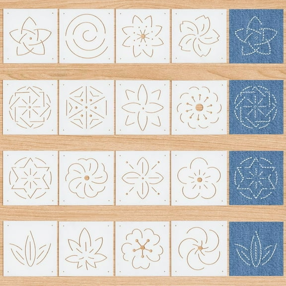 16Pcs Plastic Sashiko Stencil 5x5inch Flower Patterns Embroidery Tool Drawing Line Template for Hand Quilting and Embroidery 0.3mm Thick White