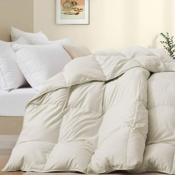 Super Soft Oversized Goose Down Fiber Comforter - All-Season Silent Duvet, King/Queen Size, Pink/Cream/Blue Bedding