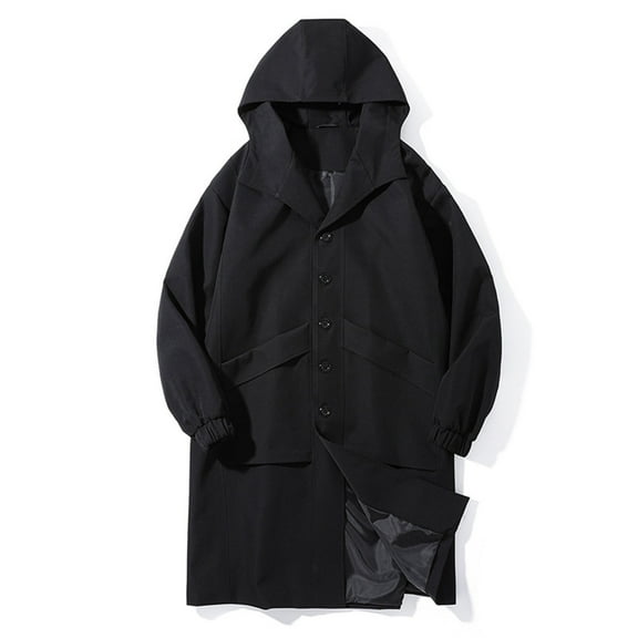 hoksml Men's Mid-Length Trench Coat Solid Color Button Front Hooded Jacket with Pockets Long Sleeve Casual Overcoat