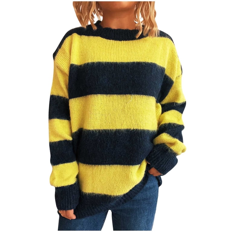 YUNAFFT Stretchy Loose Fit Striped Color Block Knit Sweater for