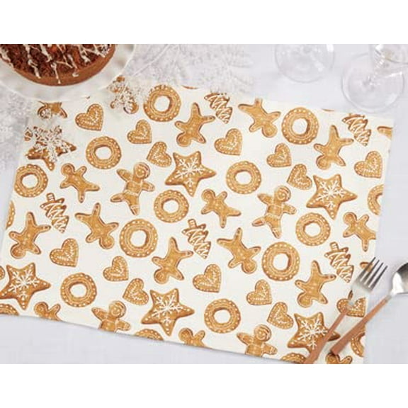 Fennco Styles Holiday Gingerbread Print Cotton Placemats 14" W X 20" L, Set of 4 - Brown Festive Table Mats for Home, Christmas Décor, Banquet, Family Gathering and Special Events
