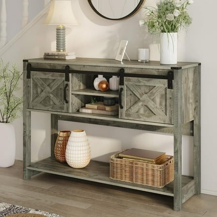 RoyalCraft Farmhouse Entryway Console Table with Storage Shelves, Light Grey