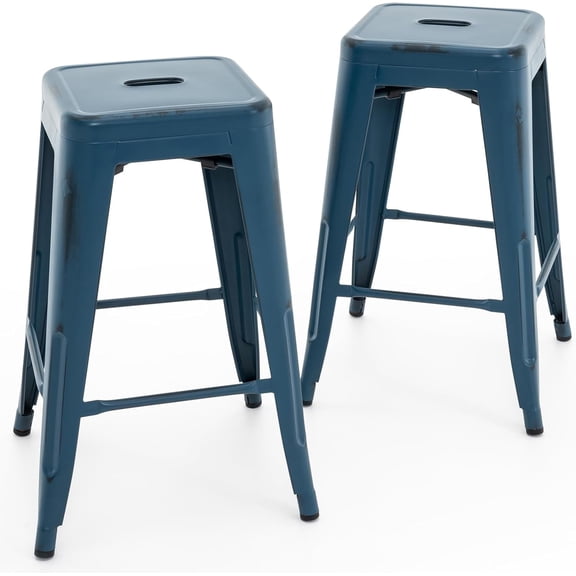 CQAOE 24-Inch Backless Metal Bar Stools, Set of 2 - Indoor-Outdoor Counter Height Stools with Square Seat, Durable & Stylish for Kitchen, Bar, Patio & Dining Areas(Distressed Deep Blue)