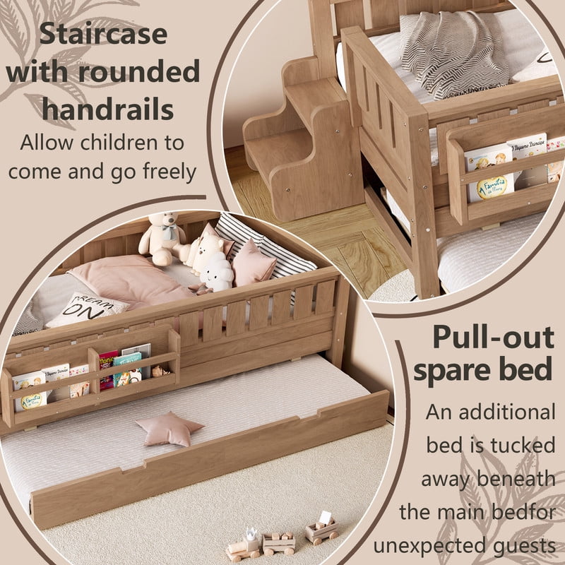 Twin Size Low-Profile Kid's Platform Bed with Built-in Bookshelves & Small Staircase, Wooden Bed Frame with Safety Rails & Trundle