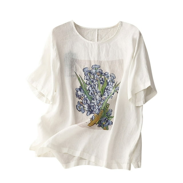 Hauts d'Été pour Femmes 2023 Coton Lin Manches Courtes Col Rond T-Shirts Mode Imprimés Habillés Décontractés Blouses Tuniques d'Automne