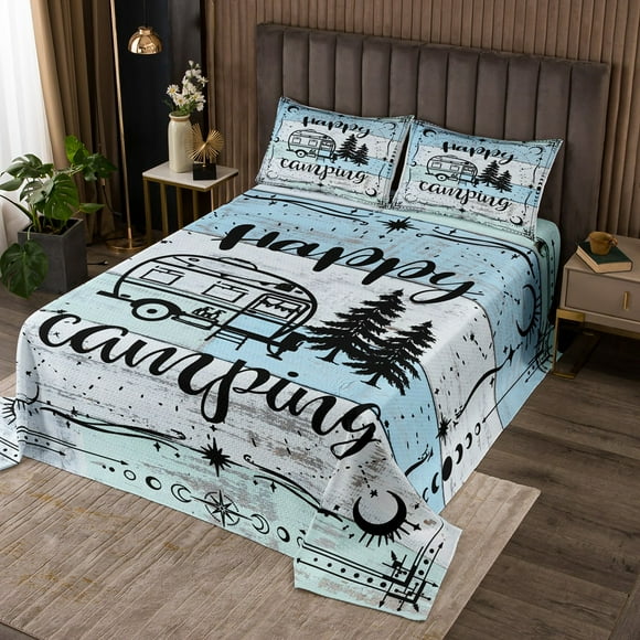 Happy Camping Coverlet Set Travel Car and Trees Black Sketch Bedspread Set King, Camper Decor Quilt Set with Boho Sun Moon, Rustic Wooden Farmhouse Decorations Bed Set with 2 Pillowcases