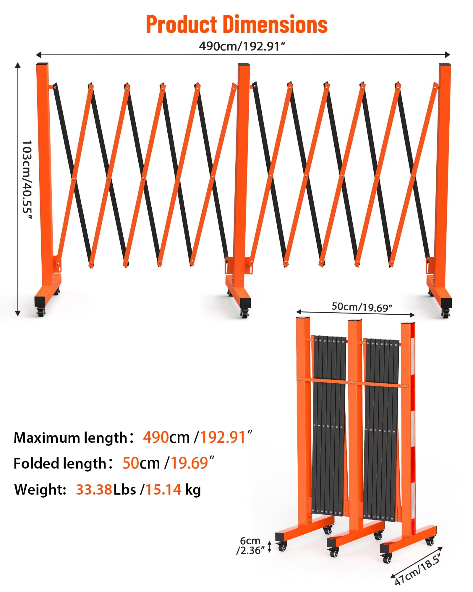 Memoryfield 16 ft Expandable Metal Barricade Gate, Folding Portable Safety Barrier with 5 Wheels, Security Fence for Doorways, Driveways & Crowd Control, Orange