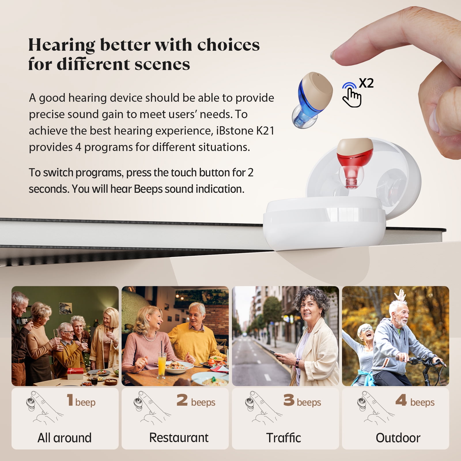 iBstone K21 Rechargeable hearing aids for Seniors Adults, 4 Programs for Experience, with Charging Case, Blue & Red, Pair