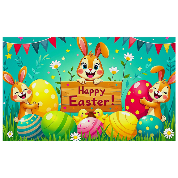 Colorful Bunny Themed Easter Background Banner with Eggs Flowers Party Decorations for Easter Celebrations Photography Props Easter Party Supplies Happy Easter Backdrop