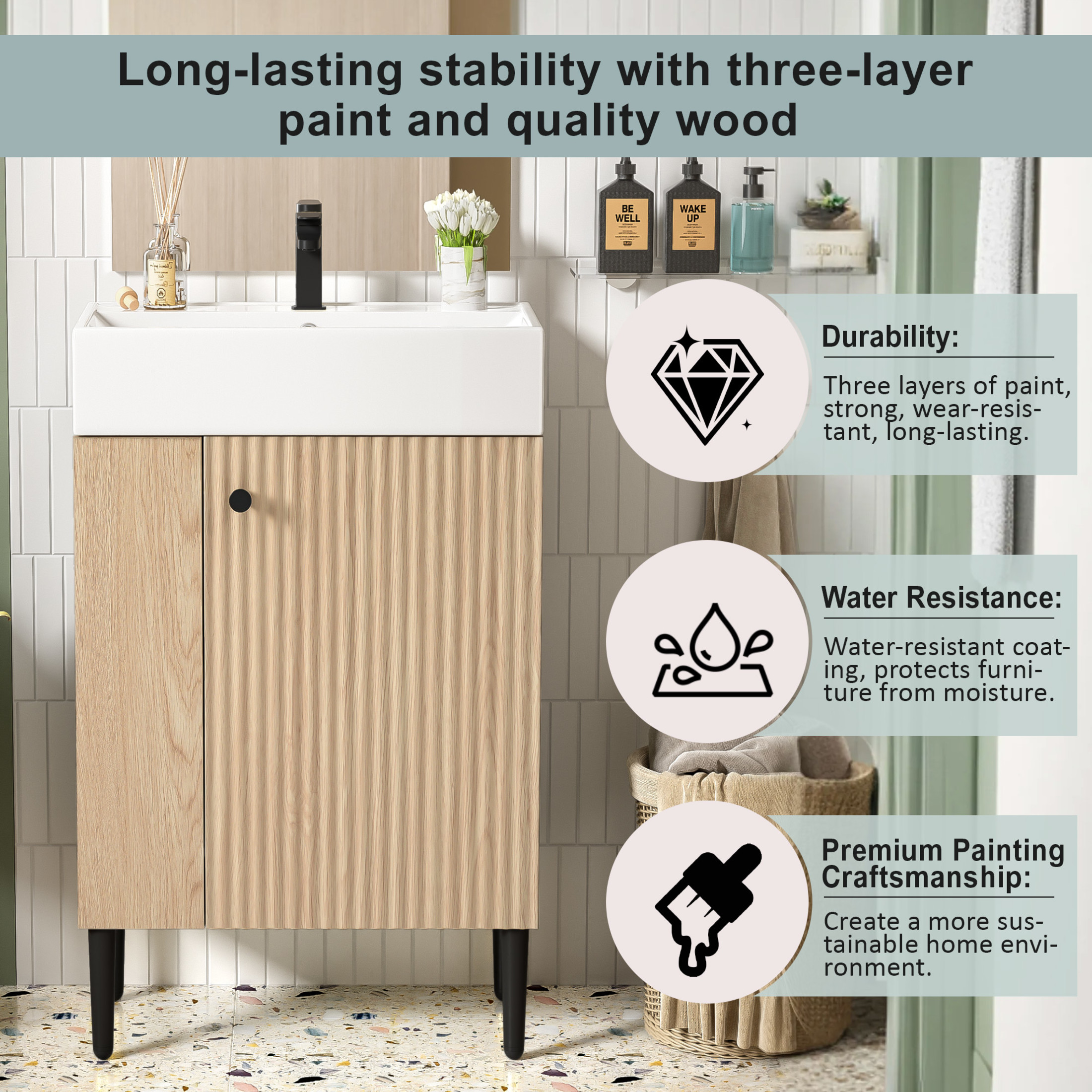 Noble House 21.6" Bathroom Vanity with Ceramic Sink, Left Side Storage Cabinet & Black Metal Legs, Wood