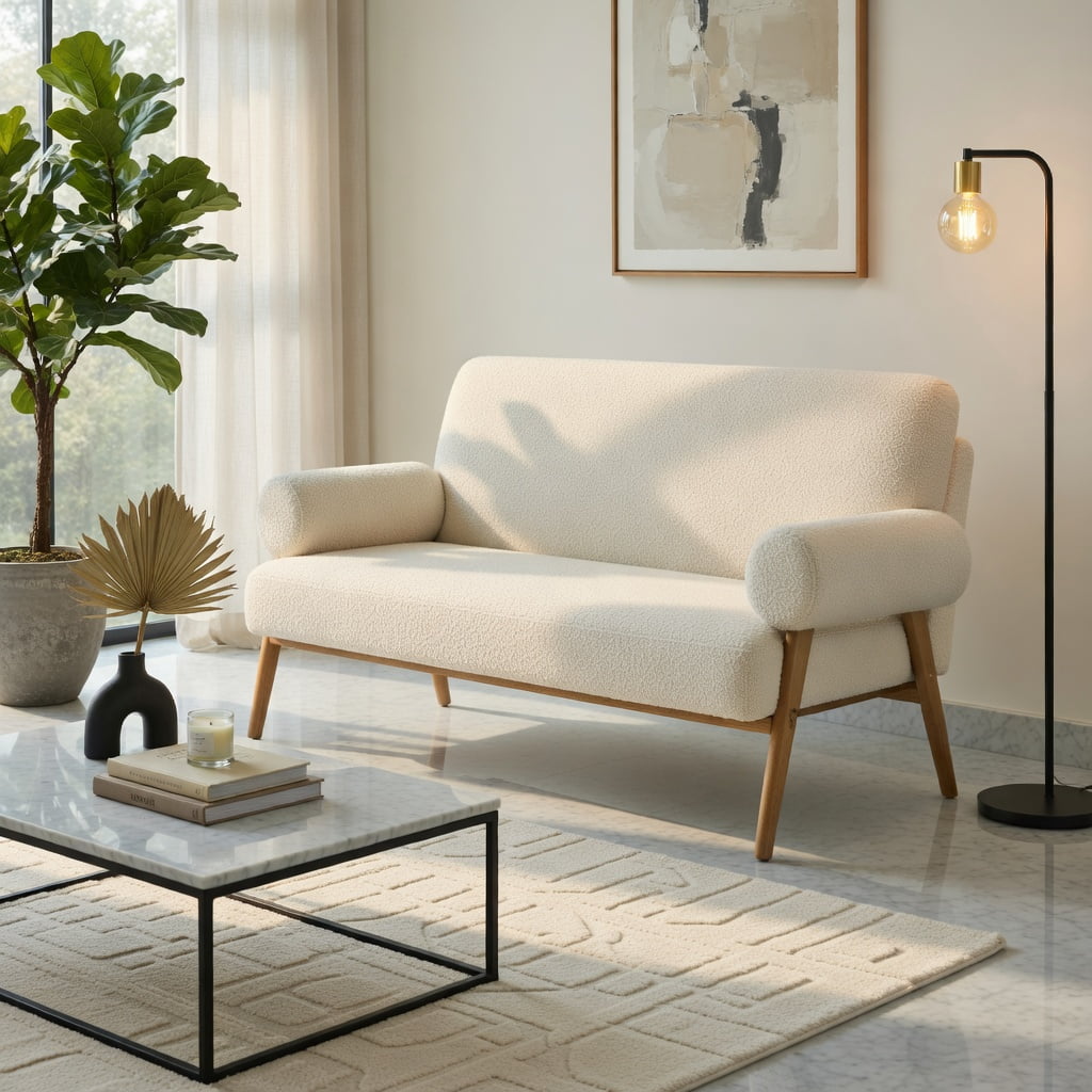 Hommoo Loveseat Sofa with Wooden Legs, Sherpa Fabric Upholstered 2-Seater Couch for Compact Living Room, Dorm & Office Sofa, Beige