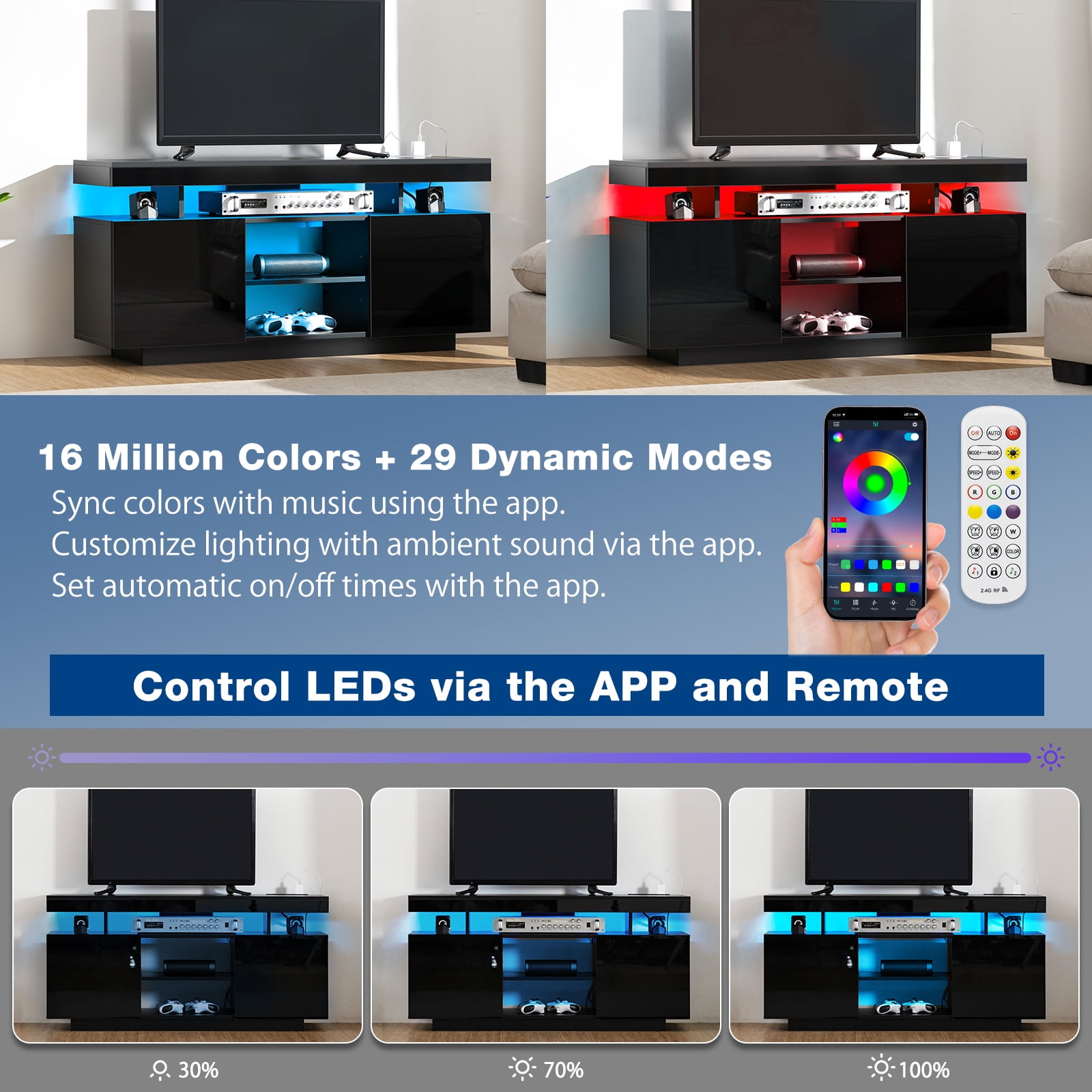 Hommpa TV Stand for TVs up to 55" with LED Lights & Power Outlets Modern Gaming Entertainment Center High Gloss Media Console TV Cabinet Black