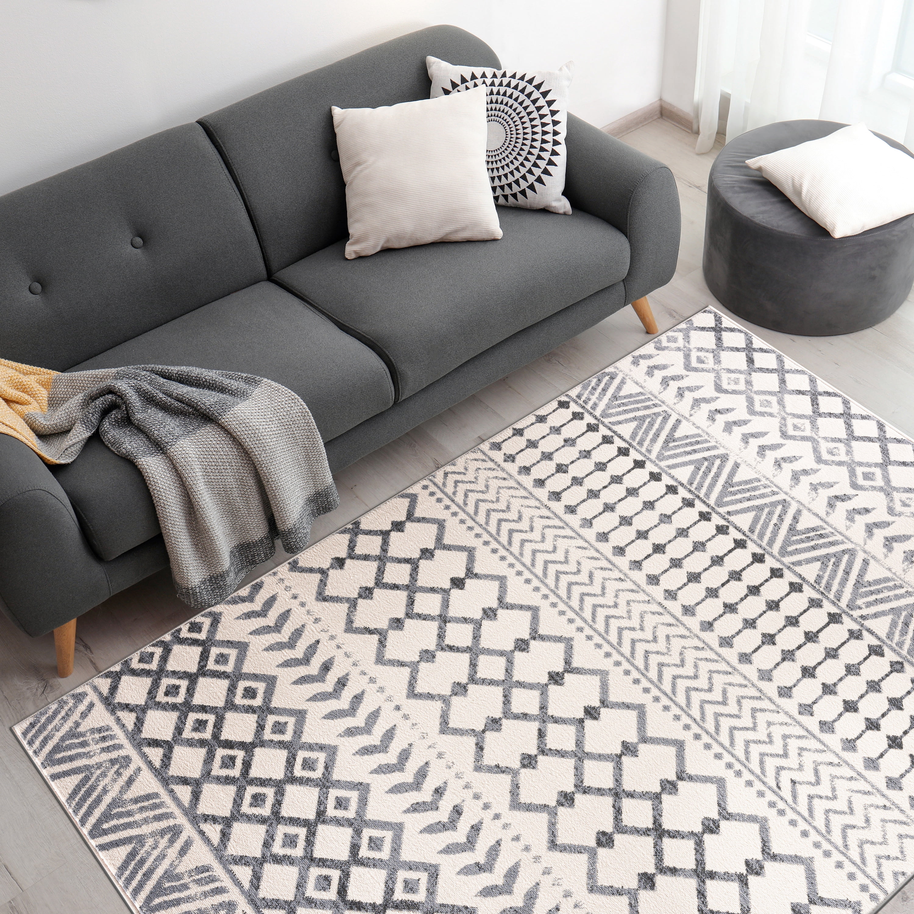 CAMILSON Crystal Grey Area Rug 5'x7' Oval Boho for Living Room Bedroom Dining Room Grey / Cream Indoor Area Rugs