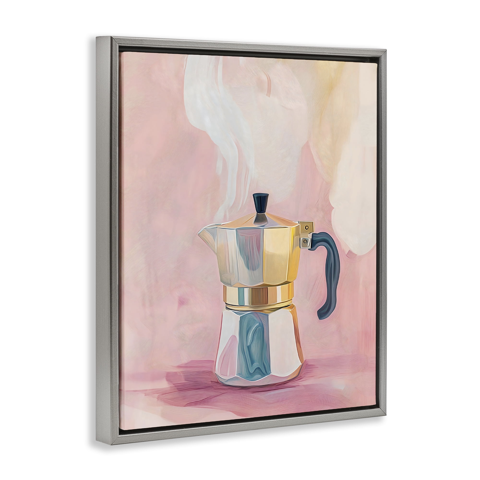 Stupell Industries Vintage Coffee Maker on Pink Gray Framed Floater Canvas Wall Art, design by The Prints Vibe