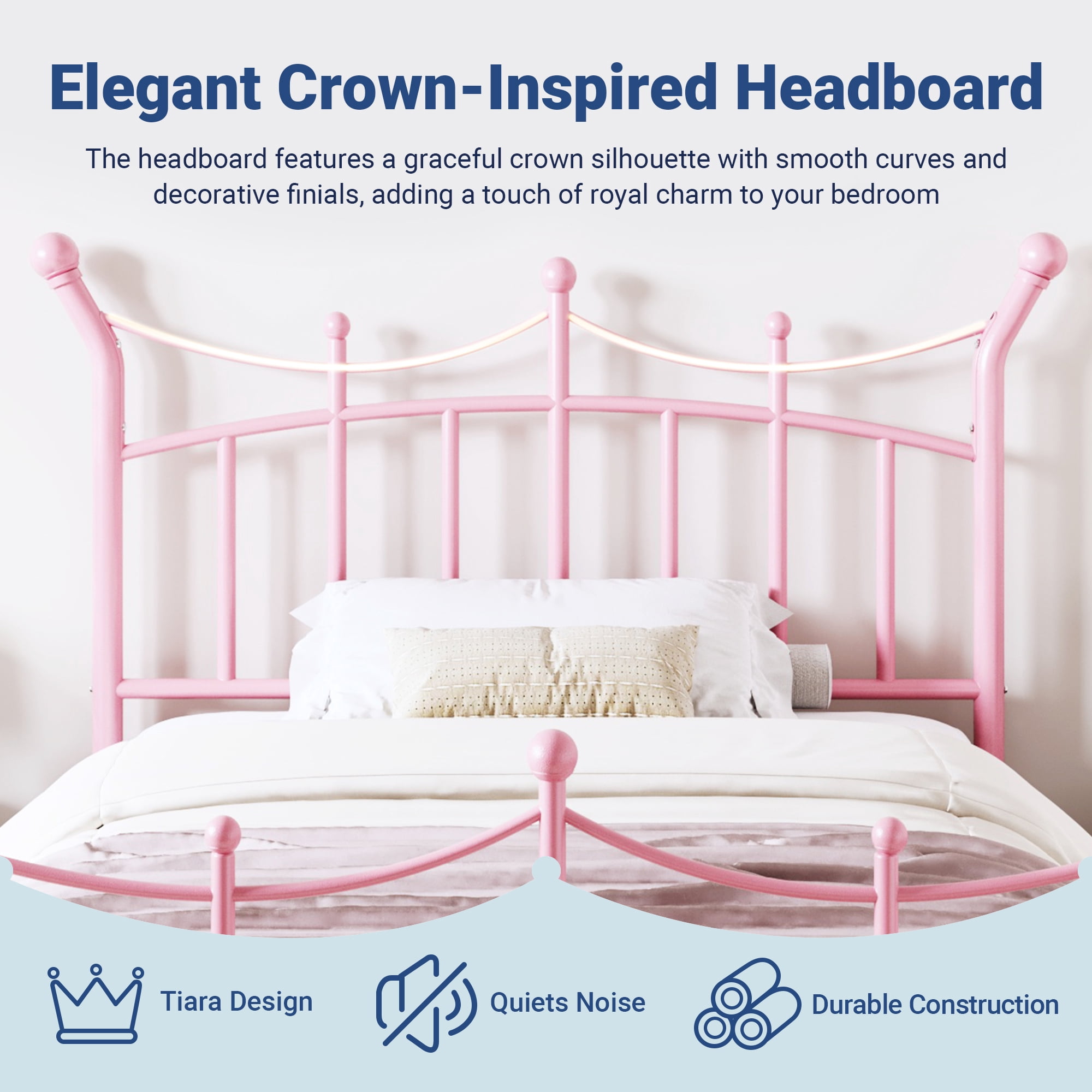 Allewie 14 Inches Twin Size Metal Platform Bed Frame with Elegant Crown Headboard & Footboard, Sturdy Mattress Foundation with Under-Bed Storage, Easy Assembly, No Box Spring Needed, Pink