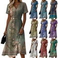 thumbnail image 4 of Minjewel Women's Floral Mini Dress with V-Neck Short Sleeve - Print Summer Dress, Loose Flowy Beach Party Outfit, Comfy Vacation Top,White,2XL, 4 of 6