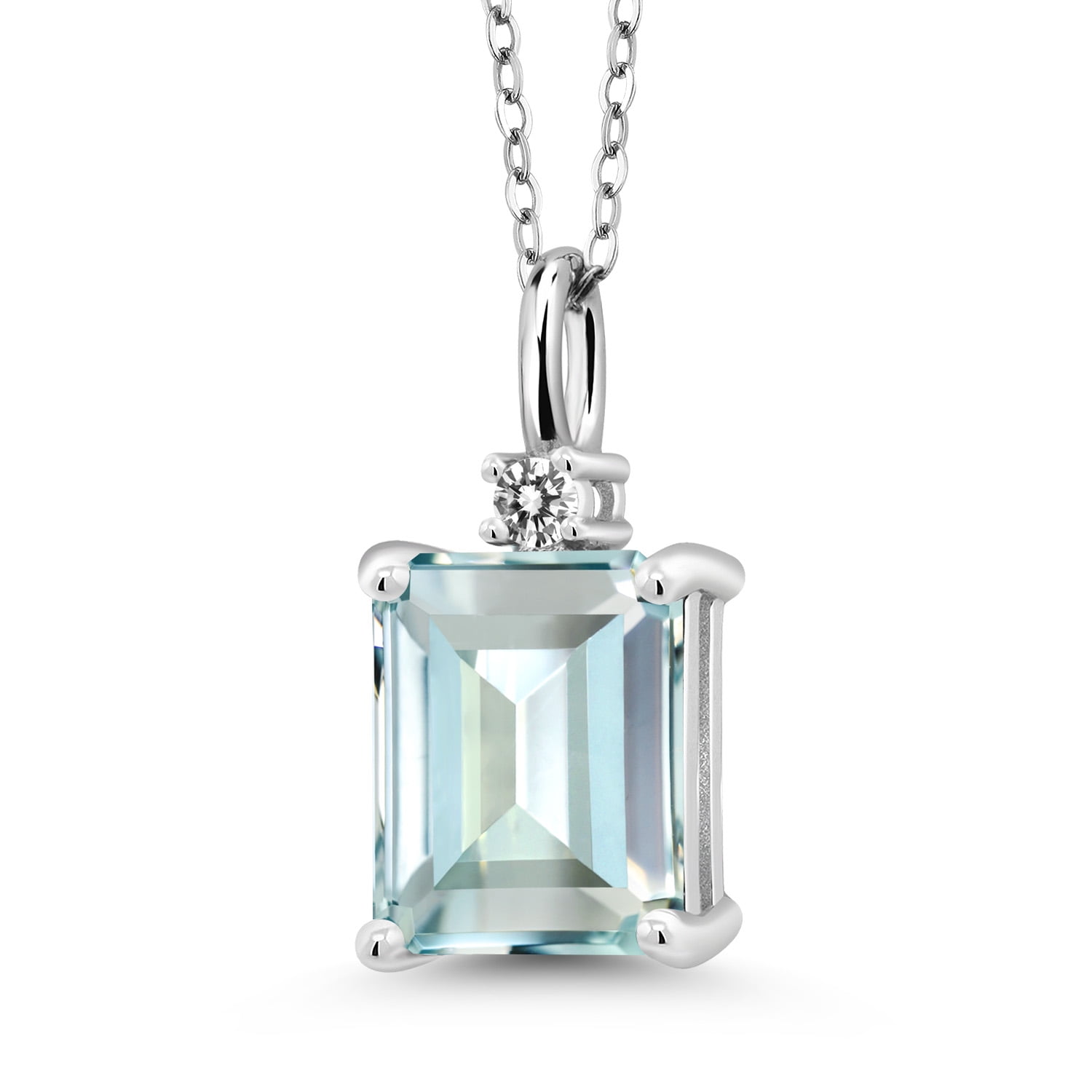 Gem Stone King 925 Silver Sky Blue Simulated Aquamarine and White Diamond Pendant Necklace for Women (4.26 Cttw, Gemstone Birthstone, Emerald Cut 10X8MM with 18 inch Silver Chain)