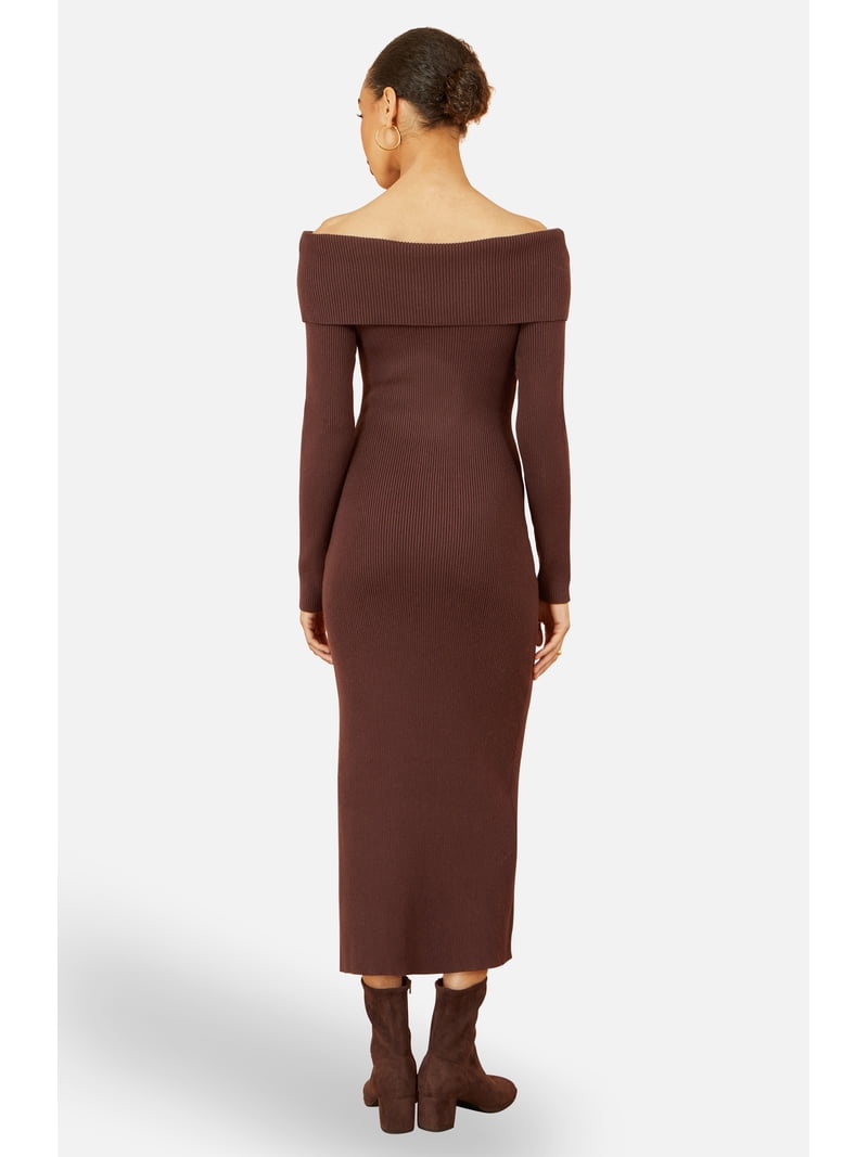Yumi Women's Bardot Knitted Fitted Midi Dress