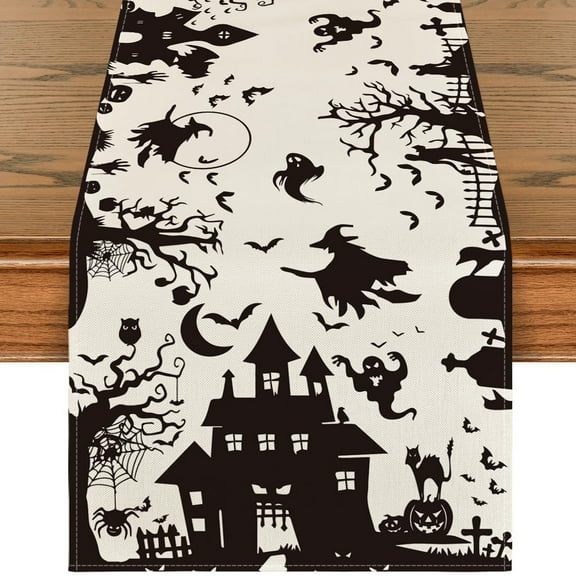 MYFLOCY Halloween Table Runner 13x72 Inch Black White Fall Kitchen Dining Table Decoration