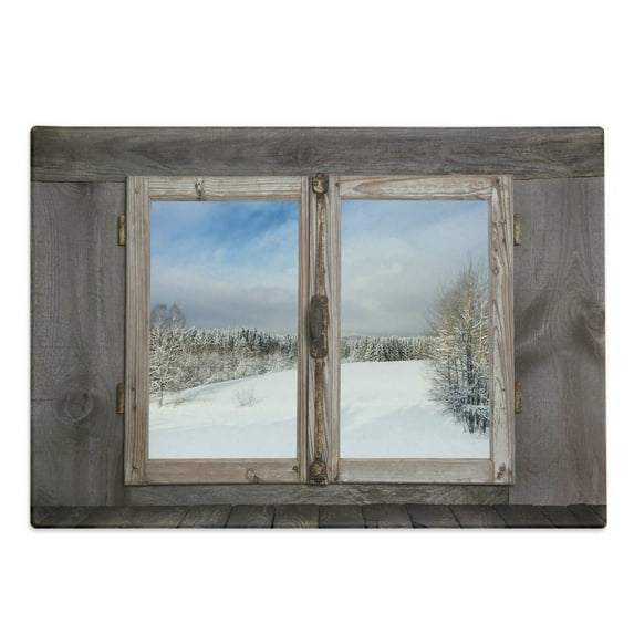 Rustic Cutting Board, Winter Season Scene from a Wooden Window of Country House Snow Vintage Design, Decorative Tempered Glass Cutting and Serving Board, Large Size, Umber White Blue, by Ambesonne