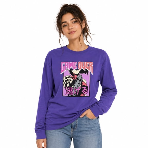 Game Over Anime Cartoon Women's Long Sleeve Purple Shirt (Small)