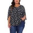thumbnail image 1 of Blusa de gasa de mujer plus size Agnes Orinda, con cuello en V, manga 3/4, estilo casual de verano, talla 3X, color negro, 1 of 5
