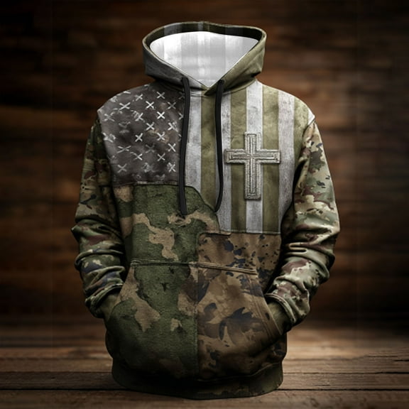 SYMOID Big & Tall Men's Patriotic Cross Camouflage Pullover Hoodie - 100% Polyester Quick-Drying, Army Green, Size 4XL with Kangaroo Pocket