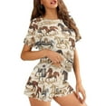 thumbnail image 3 of Yuyamidu Western Horse Womens Summer Pajama Set with Pockets 2 Piece Crew Neck Short Sleeve Top With Short Pants Sleepwear Brown Lounge Sets, 3 of 7