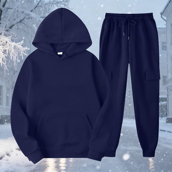 Sweatsuit Set Women Oversized Long Sleeve Hoodie Pullover Sweatshirt Tracksuit Jogger Sweatpants Outfits Navy XL