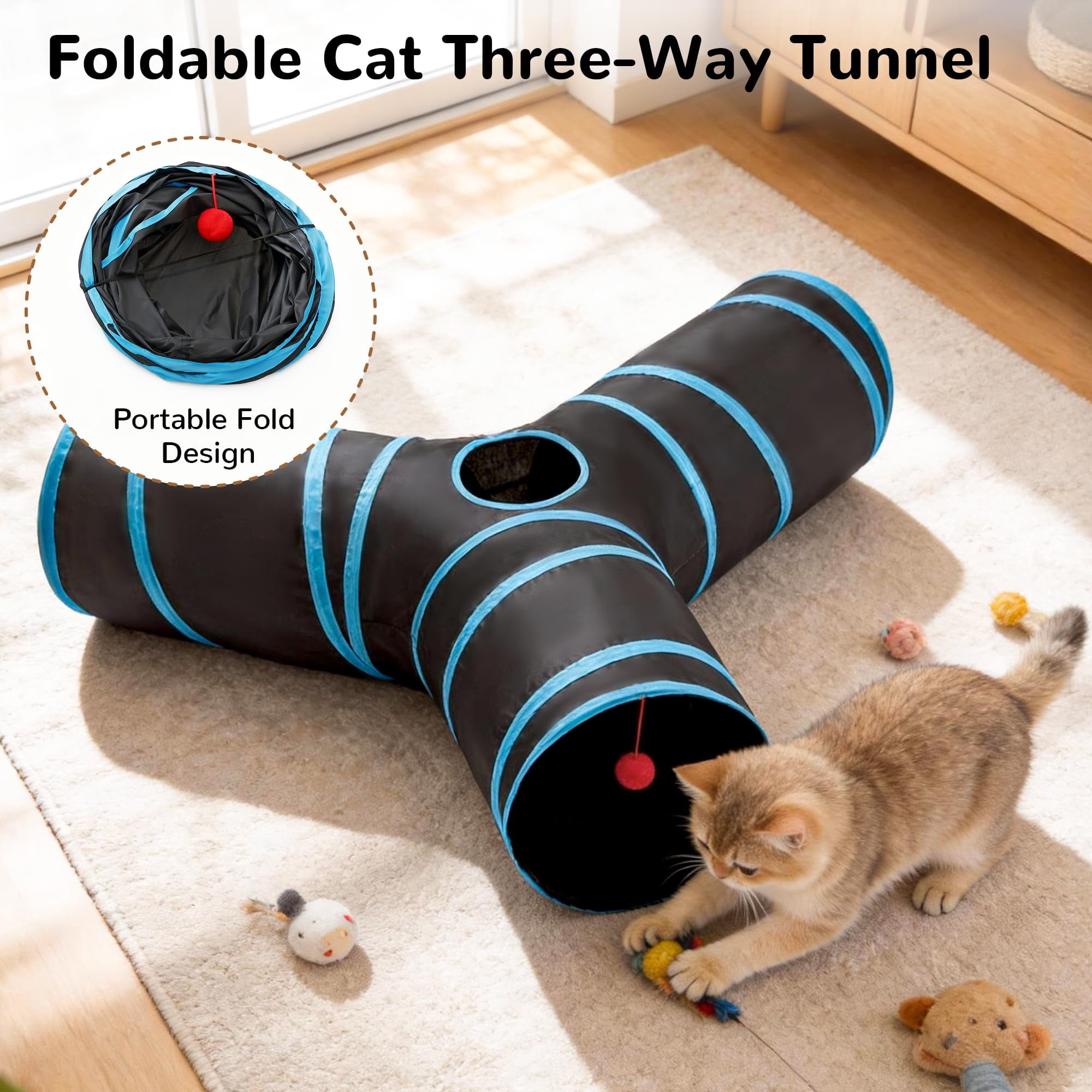 mirlewaiy Pet Cat Tunnel Collapsible Toy, 3-Way Kitty Tunnel with Peek Hole & Ball - Indoor Play Tube for Cats, Kittens, Puppy, Rabbit, Rabbit Rainbow