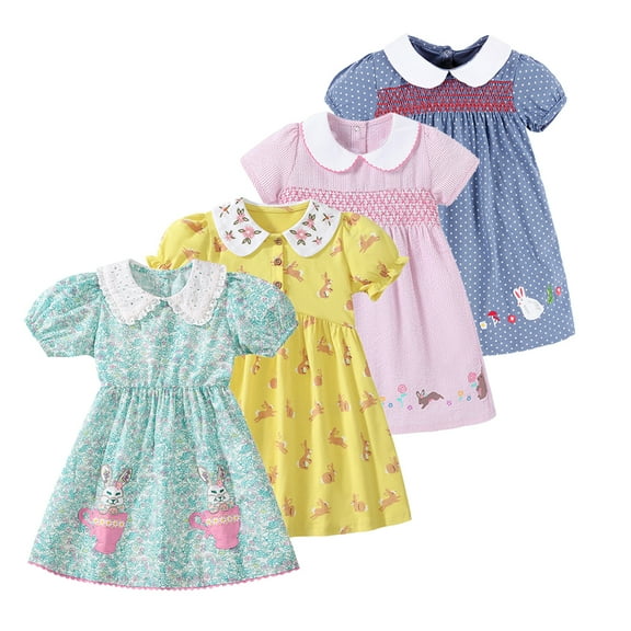 Emy Dola 2-7T Little Girls Lace Lapel Collar Cotton Dress Short Sleeve Foral Bunny Applique Tunic Summer Dresses