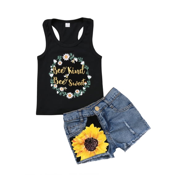 Hirigin Toddler Kids Baby Girl Sunflower Outfits Sleeveless Tank Top Denim Shorts 1-5 Years Summer Clothes